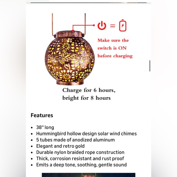 Wind Chimes for Outside, Windchimes Outdoors Hummingbird Solar Lantern - Picture 7 of 7